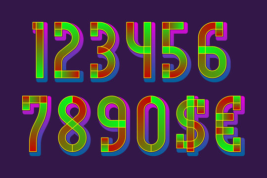 Night lights numbers with dollar and euro symbols in glowing vibrant style.