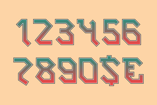 Rocker angular numbers with currency signs of dollar and euro. Gradient symbols with black edging.