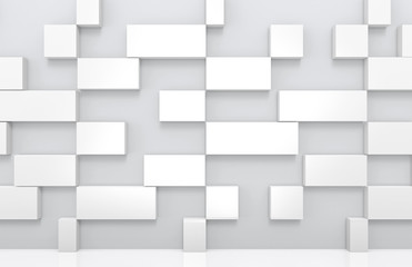 3d rendering. geometric sqaure rectangle shape box stack on gray wall background.