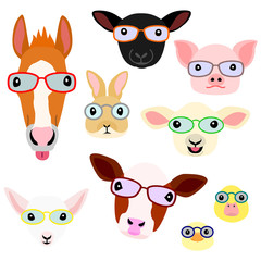 cute farm animal babies face with eyeglasses set