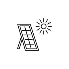Vector line illustration of solar thermal panel & sun. House heating system. Isolated on white background.