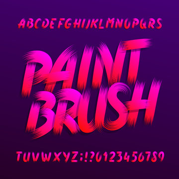 Paint brush alphabet font. Uppercase brushstroke grunge letters and numbers. Stock vector typography.