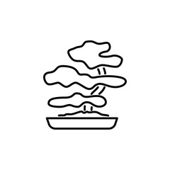 Black & white vector illustration of bonsai with leaves in pot. Decorative mini tree in container. Line icon of indoor green foliage plant. Isolated on white background.