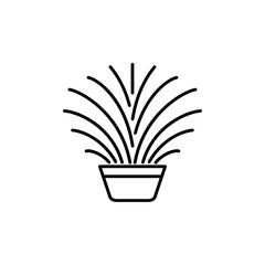 Black & white vector illustration of ornamental herb in pot. Decorative home plant in container. Line icon of indoor green foliage plant. Isolated on white background.
