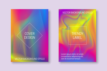 Vector vibrant colored cover templates with iridescent guilloche elements. Trendy colorful brochures or labels backgrounds.