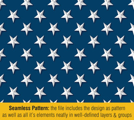 American Flag Embossed Stars Drop Shadow - Seamless Pattern