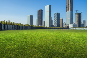 Obraz premium cityscape and skyline of tianjin from meadow in park