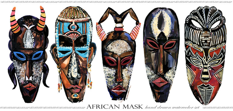 african mask hand drawn watercolor illustration set