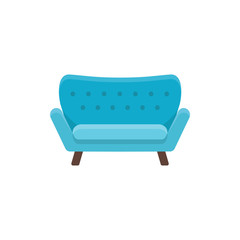 Blue loveseat. Double sofa. Vector illustration. Flat icon of settee. Front view.