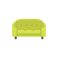 Green cabriole. Tufted vintage sofa. Vector illustration. Flat icon of settee. Front view.