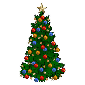 Weihnachtsbaum geschmückt mit bunten Weihnachtskugeln, Goldsternen und Walnüssen / Vektor, freigestellt