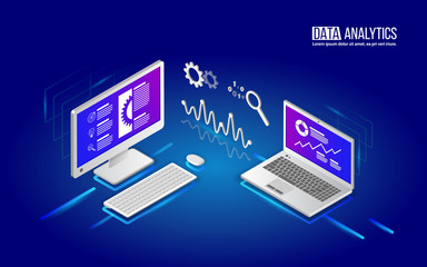 Teamwork analytics information on computer and laptop. Big data analysis tools. Isometric design modern vector illustration.