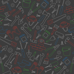 Seamless background on the topic of construction and repair, construction equipment, simple  colored chalks on the dark school Board