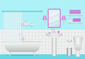 Bathroom interior. Vector. Toilet with furniture, plumbing in flat design. Cartoon room with bath, sink and shelves. Animated illustration. White turquoise background.
