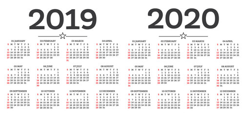 Calendar 2019 2020 Isolated on White Background. Week starts from Sunday.