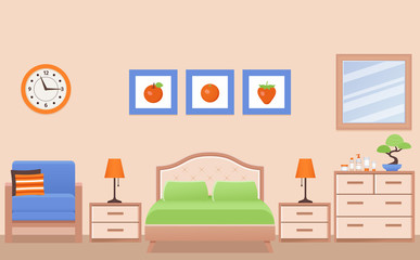 Bedroom interior. Hotel room with double bed. Vector. Home furniture, mirror, space illustration in flat design. Cartoon house equipment in modern apartment. Colorful animated background.