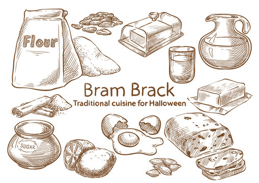 Traditional Halloween Food ingredients. Barm Brack bread