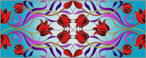Obraz premium Illustration in stained glass style with abstract swirls,flowers of Tulips and leaves on a blue background,horizontal orientation