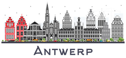 Antwerp Belgium City Skyline with Gray Buildings Isolated on White.