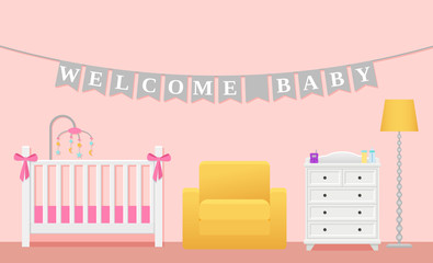 Baby room interior. Vector. Kids childrens bedroom for baby girl. Pink nursery with white crib. Cartoon illustration in flat design. Animated background with furniture.