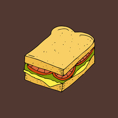 Hamburger, sandwich. Bread with a cutlet, cheese, lettuce and tomato.Color hand drawn vector illustration isolated on brown background. American Street fast food.doodles cartoon style.