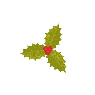 Christmas holly berry icon. Vector. Green mistletoe leaves in flat design. Christmas winter symbol isolated on white background. Cartoon colorful illustration