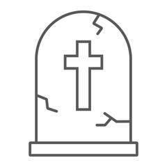 Tombstone thin line icon, halloween and death, grave sign, vector graphics, a linear pattern on a white background