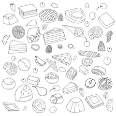 Set of desserts.Cakes, sweet rolls and pies, biscuits and berries.hand drawn vector illustration.doodles  cartoon style.