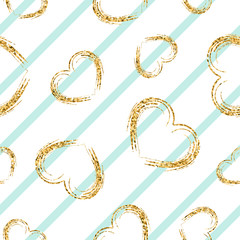 Gold heart seamless pattern. Blue-white geometric stripes, golden grunge confetti-hearts. Symbol of love, Valentine day holiday. Design wallpaper, background, fabric texture. Vector illustration