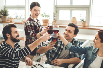 This is a success. Delighted happy people celebrating their success while meeting after work