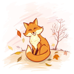 Vector Cartoon Color Illustration - Cute Fox Sitting on Autumn Forest Background