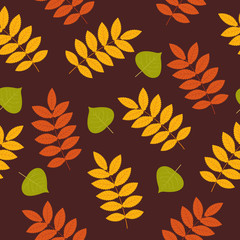 Autumn pattern. Vector. Seamless fall leaves on brown background. Season wallpaper. Colorful cartoon illustration in flat design.