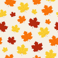 Naklejka na ściany i meble Autumn pattern. Vector. Seamless fall maple leaves on beige background. Season wallpaper. Colorful cartoon illustration in flat design.