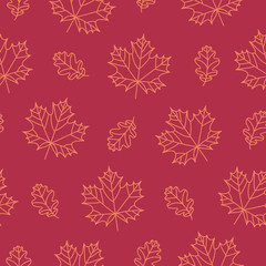 Autumn pattern. Vector. Seamless background with outline fall leaves. Season linear wallpaper. Colorful cartoon illustration in line art flat design.