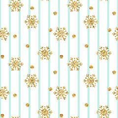 Christmas gold snowflake seamless pattern. Golden glitter snowflakes on blue white lines background. Winter snow texture design wallpaper Symbol holiday, New Year celebration. Vector illustration