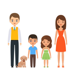 Family standing together. Vector. Couple characters with children. Portrait parents with son, daughter, dog. Cartoon young adult people mother, father, kids in flat design isolated on white background