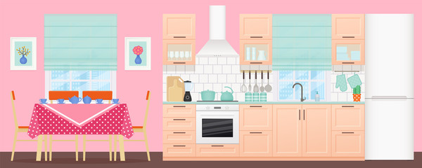 Kitchen dining room interior. Vector. Room with appliances, furniture table, stove, cupboard, blender, fridge and window in flat design. Cooking animated banner. Cartoon illustration.