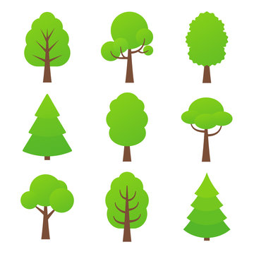 Tree icon. Vector. Nature symbol in flat design. Green forest plants. Cartoon illustration. Collection of design elements.