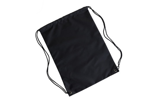 Black drawstring pack template, mockup of bag for sport shoes isolated on white