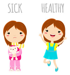 Sick sad little girl and cheerful healthy jumping girl