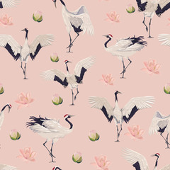 Seamless pattern with cranes and lotuses
