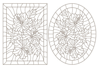 A set of contour illustrations of stained glass Windows with hibiscus in frames, dark contours on a white background, oval and rectangular image