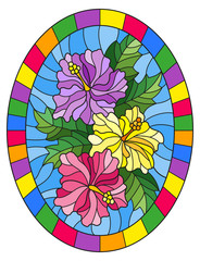 Illustration in stained glass style flower of hibiscus on a blue background in a bright frame,oval  image