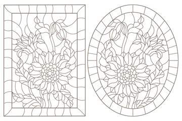 Obraz premium A set of contour illustrations of stained glass Windows with sunflowers in frames, dark contours on a white background, oval and rectangular image