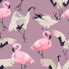 seamless pattern with cranes and flamingos