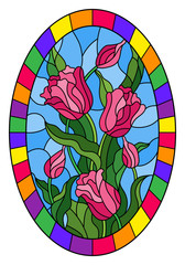 Illustration in stained glass style with a bouquet of pink tulips on a blue background in a bright frame, oval image