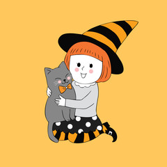 Cartoon cute Halloween witch girl and cat vector.