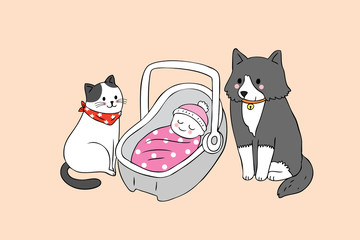Cartoon cute cat and dog and baby vector.