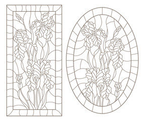 Obraz premium A set of contour illustrations of stained glass Windows with irises in frames, dark contours on a white background, oval and rectangular image