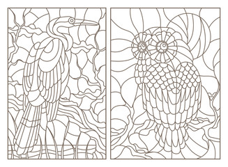 A set of contour illustrations of stained glass Windows with birds, an owl and a Heron on tree branches, dark contours on a white background